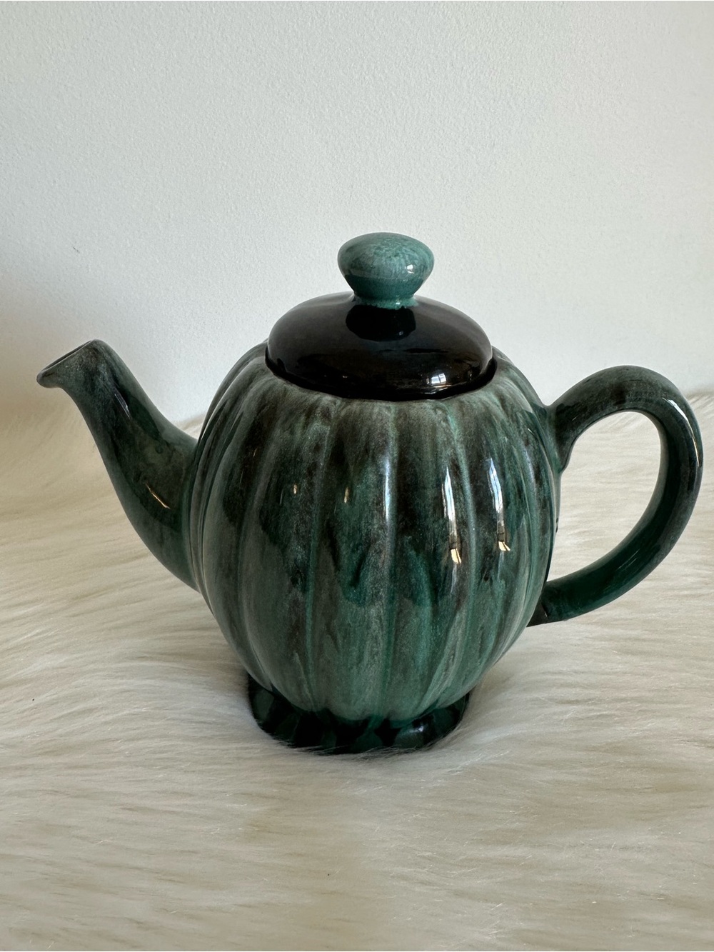Vintage Evangeline Ware Melon Shaped Green/Black Drip Glaze Handcrafted Tea Pot